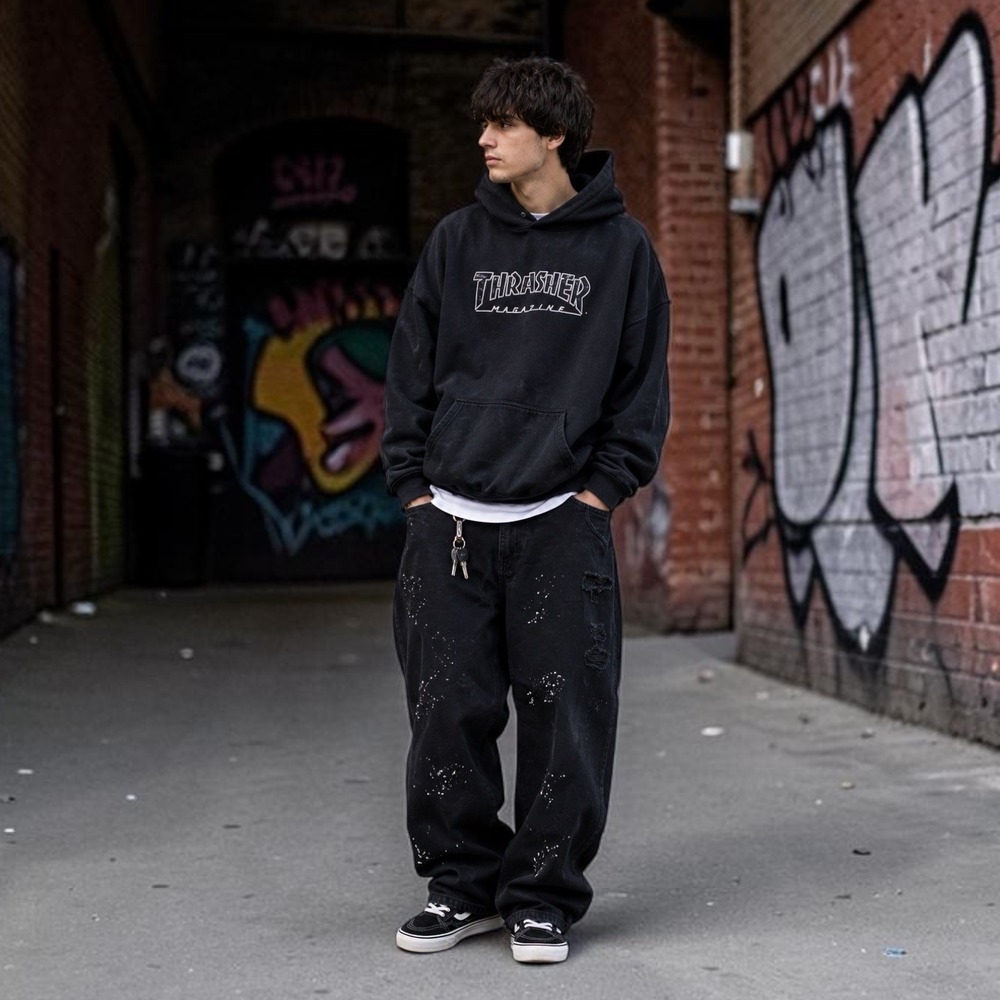 Akademiks Jeanius Level‎ Skater Y2K Baggy Distressed Paint Splatter Jeans 46X31